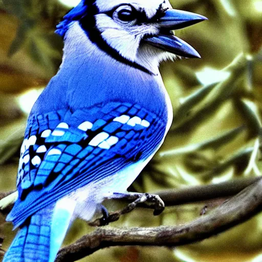 Image similar to blue jay with spaghetti in beak