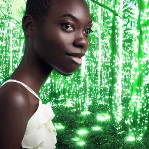 Prompt: Tobe Nwigwe as a angelic figure, in a cybernetic forest of green