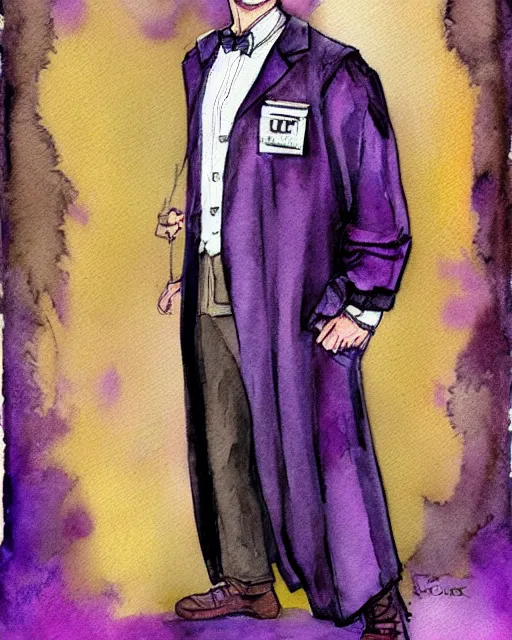 Prompt: Doctor Who costume, concept art, watercolor, brown and purple