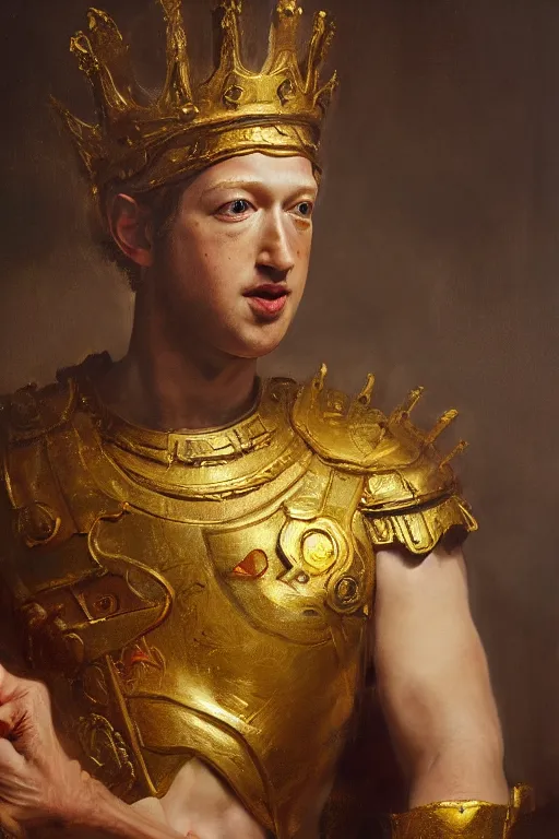 Prompt: beautiful closeup portrait oil painting, mark zuckerberg the barbarian wearing a golden wreath crown in royal crimson spartan armor enthroned as the god emperor of ancient rome, mid - shot, by anders zorn, wonderful masterpiece by greg rutkowski, beautiful cinematic light, american romanticism, by thomas lawrence, greg rutkowski