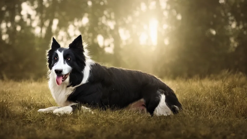 Prompt: Border Collie, splash art, movie still, cinematic lighting, dramatic, octane render, long lens, shallow depth of field, bokeh, anamorphic lens flare, 8k, hyper detailed, 35mm film grain