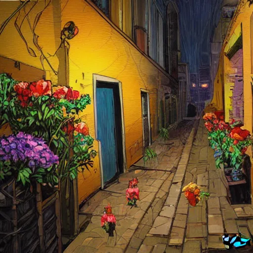 Prompt: Spawn selling flowers in an alley at night, by Todd MacFarlane