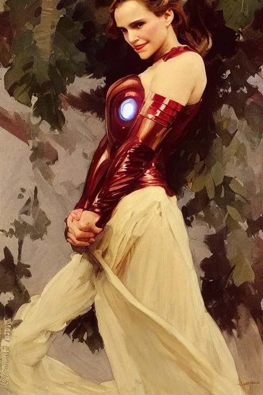 Image similar to elegant romantic portrait photo of natalie portman as iron man by greg manchess, mucha, william adolphe bouguereau, john singer sargent, sorolla, winslow homer, dean cornwell, james gurney, kilin eng, ilya repin,