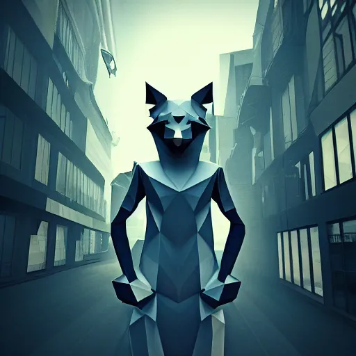 Image similar to Playstation 1 PS1 low poly graphics portrait of furry anthro anthropomorphic wolf head animal person fursona wearing clothes in a futuristic foggy low-poly city alleway