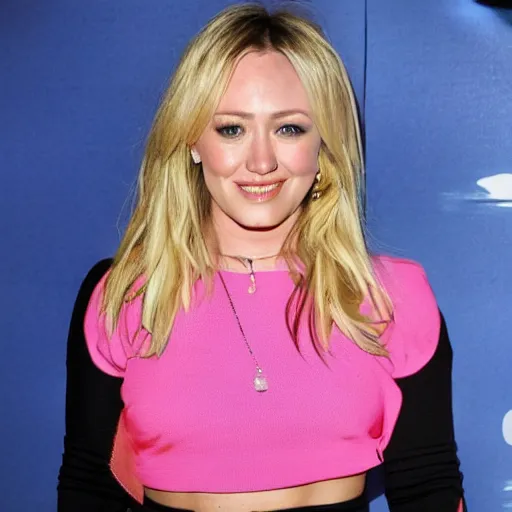 Image similar to Hillary duff with blonde hair, wearing crop top and miniskirt, photography, full body, alluring, smile