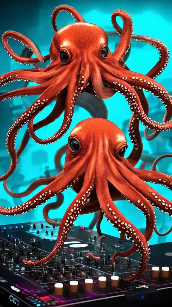 Image similar to award winning closeup portrait of an octopus! as a dj with tentacles! simultaneously placed turntables cdjs and knobs of a pioneer dj mixer. in front of a large crowd, studio, medium format, octane render 3 d, unreal engine, 8 k detail, volumetric lighting, wide angle, at an outdoor psytrance festival main stage at night