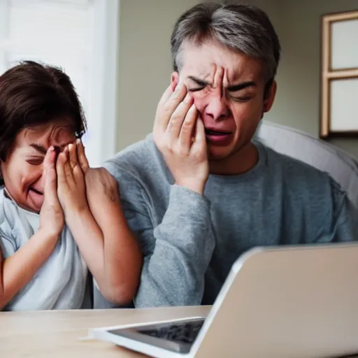 Prompt: a family crying around a computer