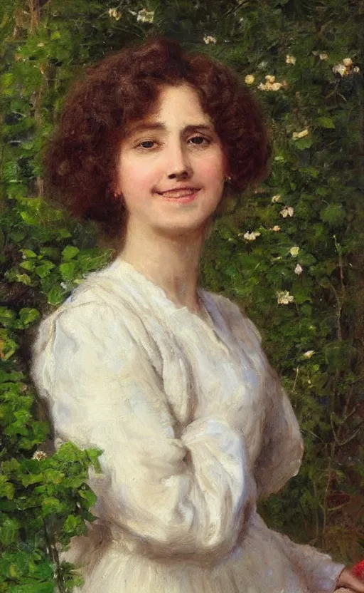 Image similar to portrait, woman!!, by eugen von blaas!! short! brown hair, fuzzy hair!!, smiling, looking at us, symmetrical face, perfect eyes, slight blush!! green plants background!!!