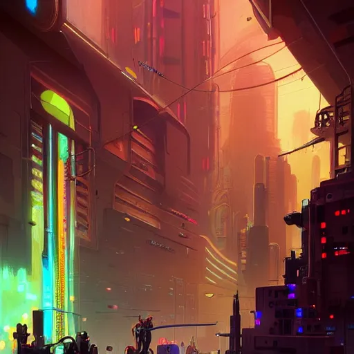 Image similar to crowded place, people, cyberpunk, bionics, augments, lights, cables, colorful, vivid, imposing, epic, digital painting, artstation, concept art, by peter mohrbacher and wlop and rhads,