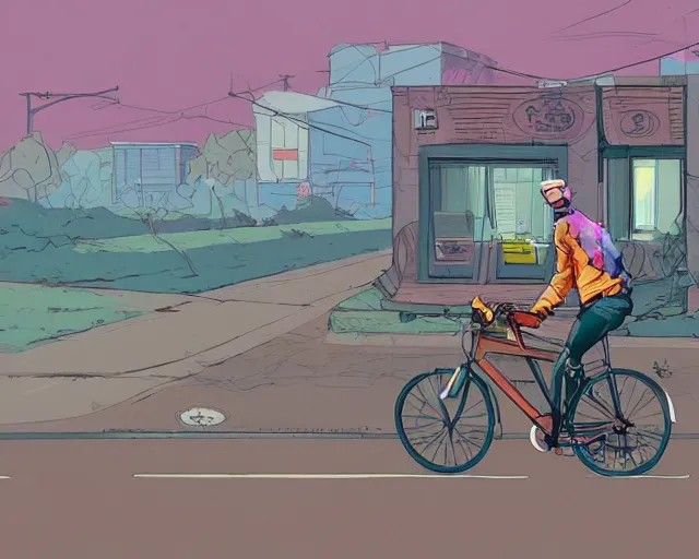 Prompt: a study of cell shaded cartoon of a uber eats delivery cyclist on a country road, side view, illustration, picture from behind, vibrant colors, post grunge, concept art by josan gonzales and wlop, by james jean, Victo ngai, David Rubín, Mike Mignola, Laurie Greasley, highly detailed, sharp focus, alien, Trending on Artstation, HQ, deviantart, art by artgem