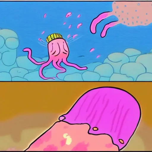 Image similar to pink jellyfish hits Bob's sponge with a net