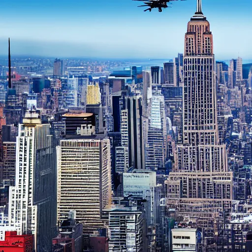 Image similar to apache helicopter, flying, new york skyline, 4k, HD, hyper realistic