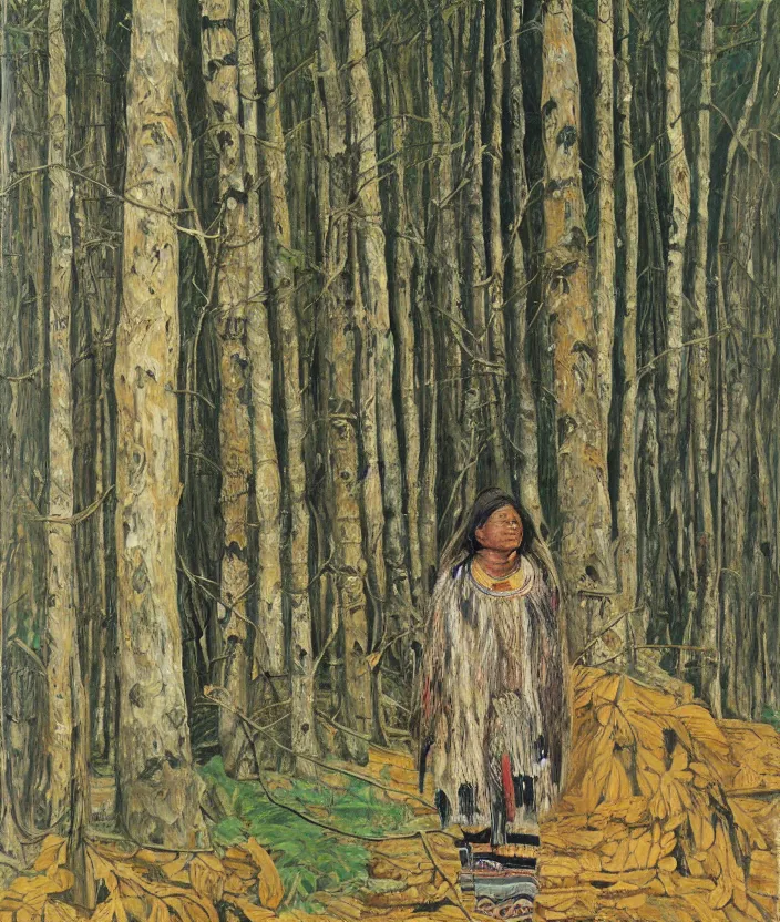 Prompt: indigenous woman walking in the forest, painted by lucian freud, hd, super detailed, realistic, muted colors