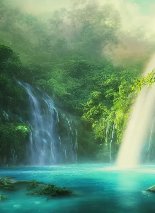 Prompt: epic jungle turquoise waterfall, highly detailed, mist, god rays, cinematic, cinematic lighting, octane render, ultra details, pastel painting by tyrus wong, 8K