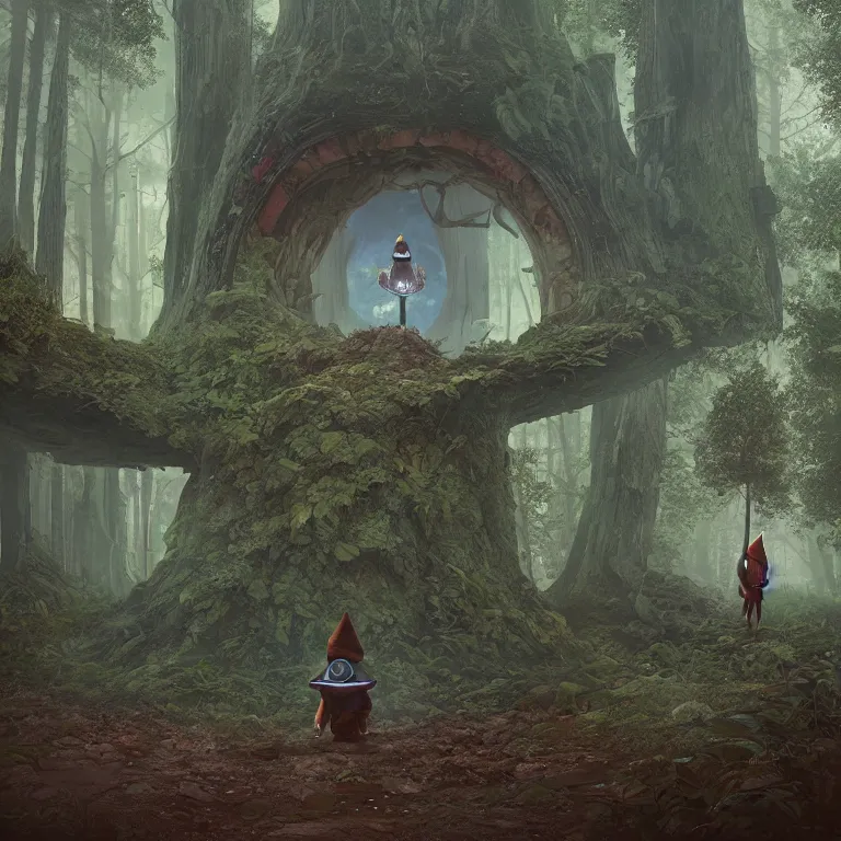 Prompt: a forest gnome standing in front of a circle portal open to another world Detailed digital matte painting in the style of simon stalenhag