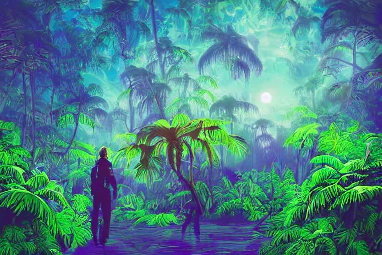 Prompt: digital art of a surreal jungle, astronaut walking, psychedelic sky, mysterious crazy world, raining at night, glowing trees, pulping sky