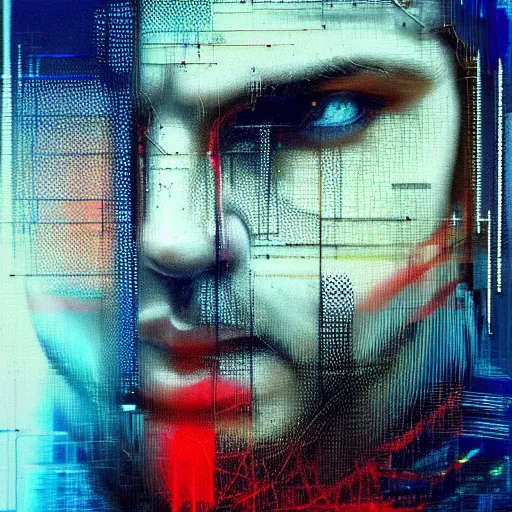 Image similar to hyperrealistic portrait of a cyberpunk man, long hair, by Guy Denning, Johannes Itten, Russ Mills, glitch art, hacking effects, glitch effects, digital tech effects, cybernetics, detailed lines, holographic, chromatic, color blocking!, oil on canvas, octane, concept art, abstract, blue and black, 8k, cinematic, trending on artstation