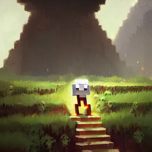 Image similar to greg rutkowski painting of a minecraft ghast