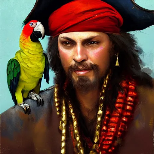 Prompt: Portrait painting of a pirate with gold earings and a parrot on his shoulder by craig mullins