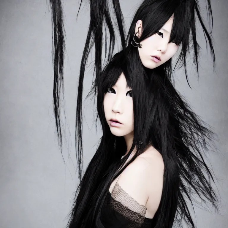 Image similar to professional photograph of female japanese models in emo makeup, long hair, fringe