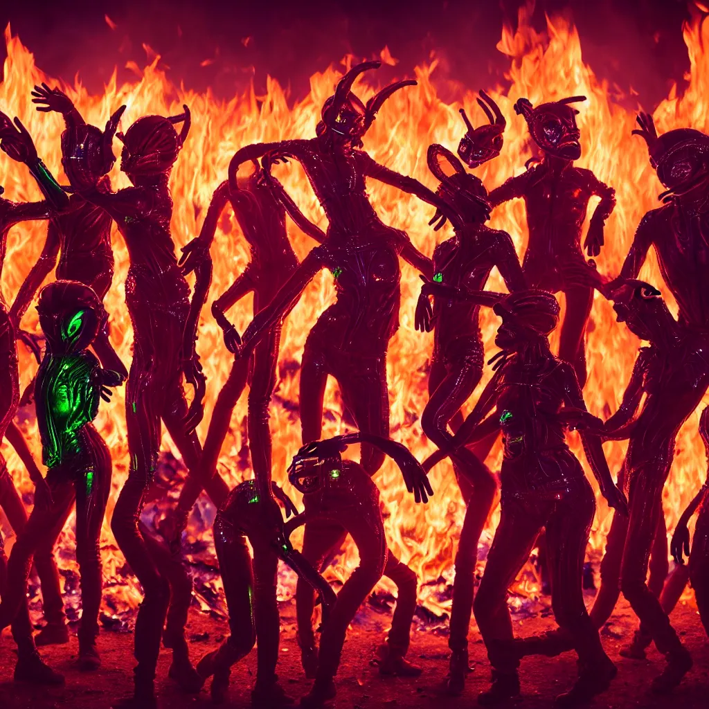 Image similar to portrait of ravers in alien costumes with detailed faces, dancing around a fire, photorealistic, octane render, dancefloor kismet, diverse costumes, clean composition, desert transition area, bonfire, night, australian desert, zaha hadid, xf iq 4, symmetry, sony a 7 r, 1 5 0 mp, 5 0 mm