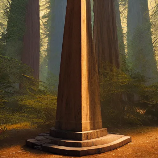 Prompt: obelisk in a redwood forest, sunlit, octane render, matte, greg rutkowski, highly detailed, hdr