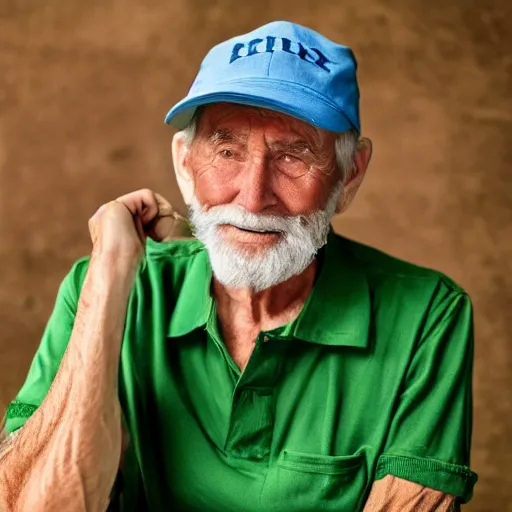 Image similar to old man wearing green shirt, blue cap, white hairs