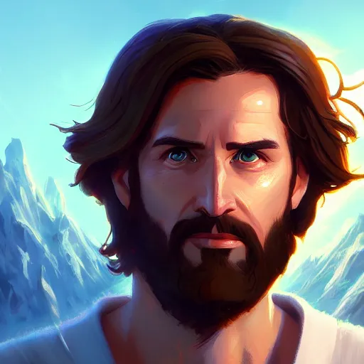 Image similar to Portrait of Jesus Christ, mattepainting concept Blizzard pixar maya engine on stylized background splash comics global illumination lighting artstation lois van baarle, ilya kuvshinov, rossdraws