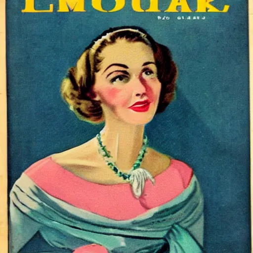 Prompt: “Emily Clarke portrait, color vintage magazine illustration 1950”
