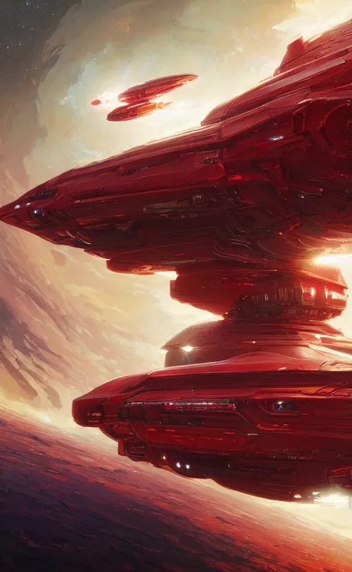 Prompt: a beautiful artwork illustration, a red metallic spaceship flying interstellar hyperdrive, by greg rutkowski and jesper ejsing and raymond swanland, featured on artstation, wide angle, vertical orientation