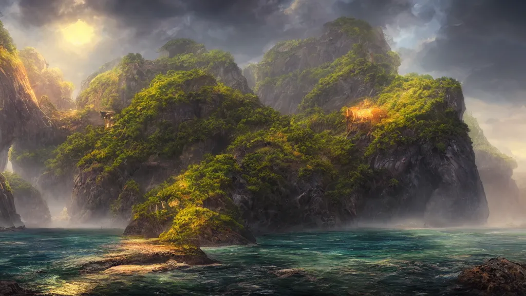 Image similar to archipelago, fantasy artwork, very very very beautiful scenery, hd, hdr, ue5, ue6, unreal engine 5, cinematic 4k wallpaper, 8k, ultra detailed, high resolution, artstation, award winning