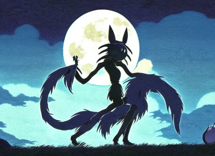 Image similar to a still from a studio ghibli movie of a cartoon shadow demon from princess mononoke ( 1 9 9 7 ), in front of a pale full moon, full body, wide shot, very dull muted colors, studio ghibli, highly detailed, deviantart, art by artgem