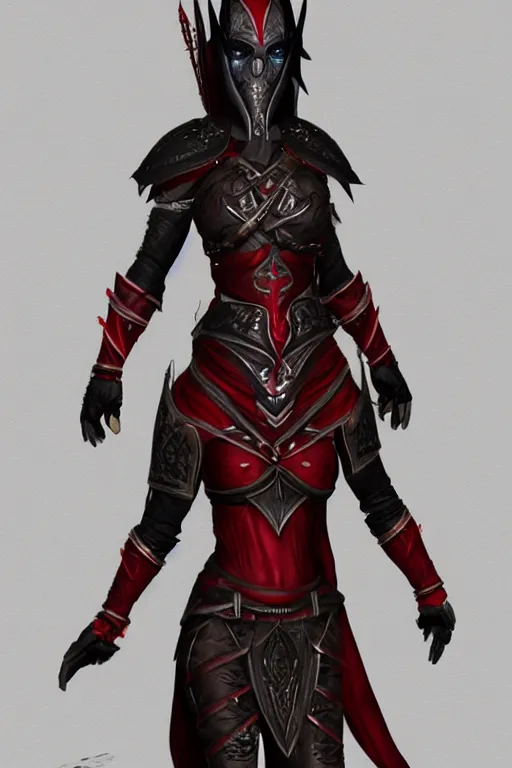 Image similar to female adventurer in tight full - body ebony leather armor of dunmer design with dark red cloth underneath and with a red porcelain crow mask, trending in artstation, establishing shot