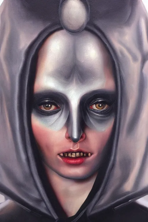 Image similar to hyperrealism oil painting, close - up portrait of european medieval brunette vampire fashion model, knight, steel gradient mixed with nebula sky, in style of baroque