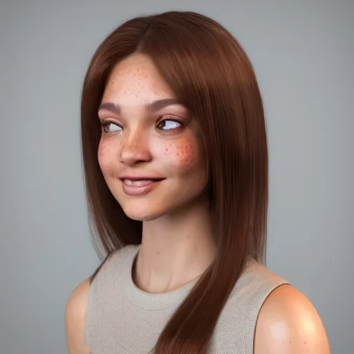 Prompt: Render of April, a cute 3D young woman, long shiny bronze brown hair, full round face, green eyes, medium skin tone, light cute freckles, light blush, smiling softly, wearing casual clothing, interior lighting, cozy living room background, medium shot, mid-shot, hyperdetailed, hyperreal, trending on Artstation, Unreal Engine 4k