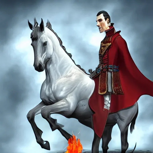 Prompt: Strahd Van Zarovich standing beside flamming horse, digital art