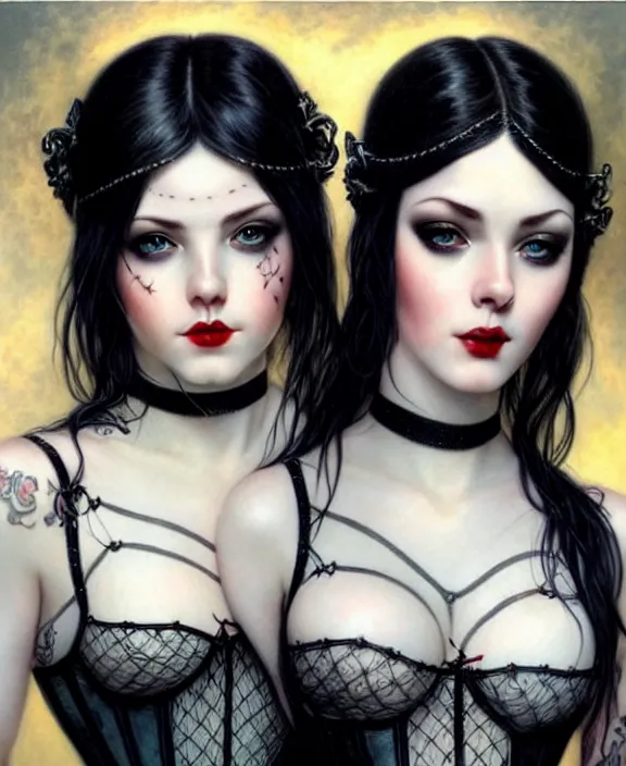 Image similar to two beautiful pale skin cosplay girls, gray eyes, black hair, fully tattooed body, fishnet corset with choker, symmetrical, beautiful detailed face, masterpiece, paint by karol bak