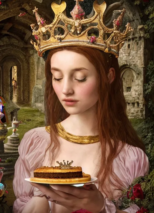 Prompt: closeup medieval bosch face portrait of a fairytale princess wearing a crown eating cakes in the castle, bikini, depth of field, zeiss lens, detailed and intricate environment, fashion photoshoot by nicoletta ceccoli, mark ryden, lostfish, breathtaking, 8 k resolution, extremely detailed, beautiful, establishing shot, artistic, hyperrealistic, octane render