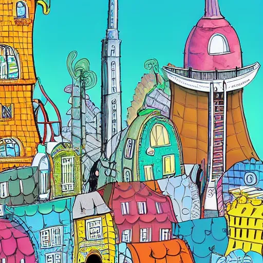 Image similar to fanciful city filled with curvy buildings, by dr seuss, oh the places you'll go, arches, platforms, towers, bridges, stairs, colorful kids book illustration