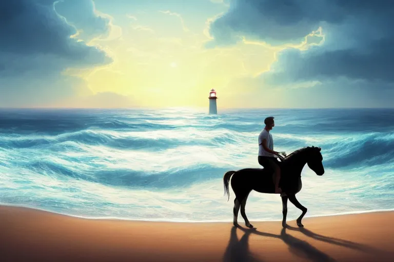 Image similar to photo of man riding a horse along the beach, glowing underwater waves toward a lighthouse in the distance guiding his way, silhouette, wide horizon, large white clouds, night, intricate, elegant, highly detailed, digital painting, artstation, concept art, smooth, sharp focus, illustration, art by artgerm and greg rutkowski and fra angelico