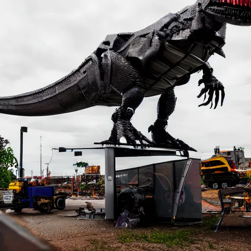 Image similar to mechanical battle T-Rex being constructed, welding sparks raining down, high contrast, HDR, photo, detailed, 4k