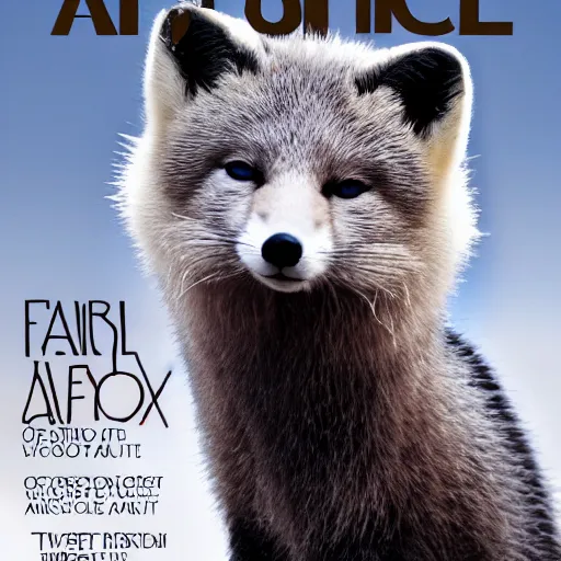 Prompt: fashion magazine cover, featuring anthropomorphic Arctic Fox dressed formally