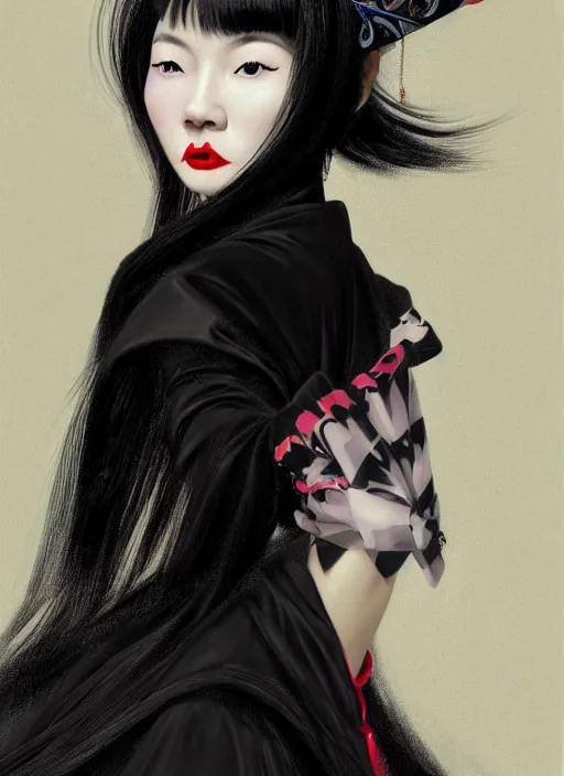 Prompt: portrait of a chinese woman with a crooked nose and a confident expression, 1 9 6 0 s, black clothes, goth, punk, brightly coloured hair, funk, intricate, elegant, highly detailed, digital painting, artstation, concept art, smooth, sharp focus, illustration, art by wlop, mars ravelo and greg rutkowski