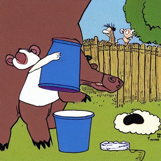 Image similar to far side comic strip, gary larson, a cow points at a bucket, illustration