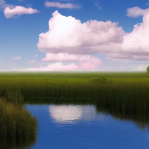 Image similar to puffy peaceful clouds, matte painting, 4k