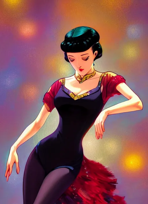 Image similar to a beautiful dancer with black hair in 1930's fashion, ballroom background, intricate, highly detailed, digital painting, artstation, official media, anime key visual, concept art, rich vivid colors, ambient lighting, sharp focus, illustration, art by Artgerm, Makoto Shinkai, Ilya Kuvshinov, Lois Van Baarle, and Rossdraws