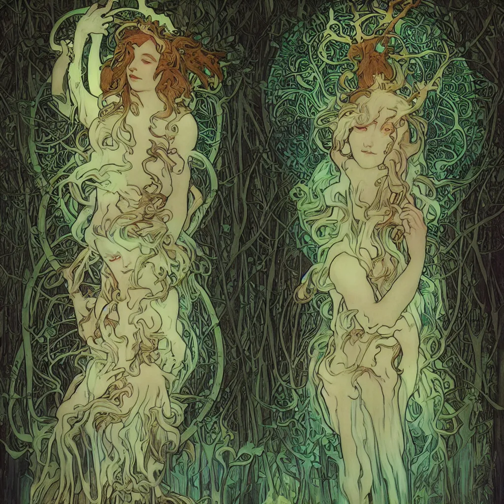 Prompt: bioluminescent pagan god in dark forest by james jean and alphonse mucha, portrait, fantasy, clear, light beams, lens flare, intense, uhd, amazing depth, cinematic lighting