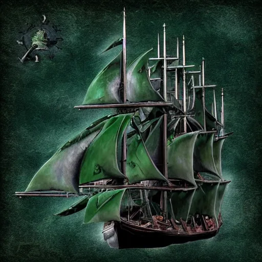 Image similar to pirate ship galleon dark green hull, pitch black sails, beautiful photorealistic painting