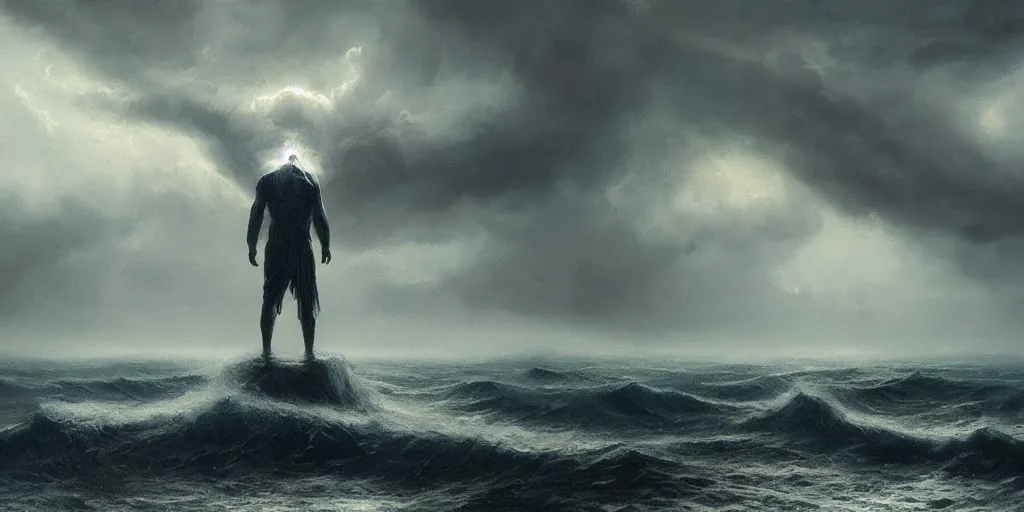 Image similar to Eldrich god rising out of the ocean, hyper realistic oil painting, dark, moody cinematic lighting, creepy, fog, storm clouds, by greg rutkowski, trending on artstation