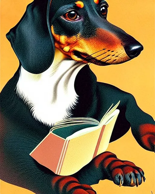 Prompt: dachshund reading a book, painting, super detailed and intricate, hyper realistic, by koson ohara, by darwyn cooke, by hiroshi yoshida, by kentaro miura